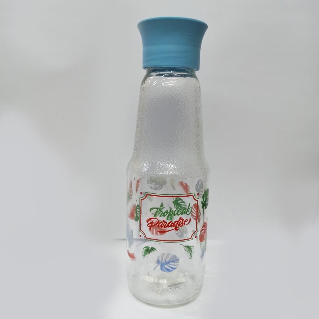 Şık Kullanışlı Dekoratif Pratik Sigma Gravürlü Tropikal Desenli Cam Su Şişesi 1000 cc