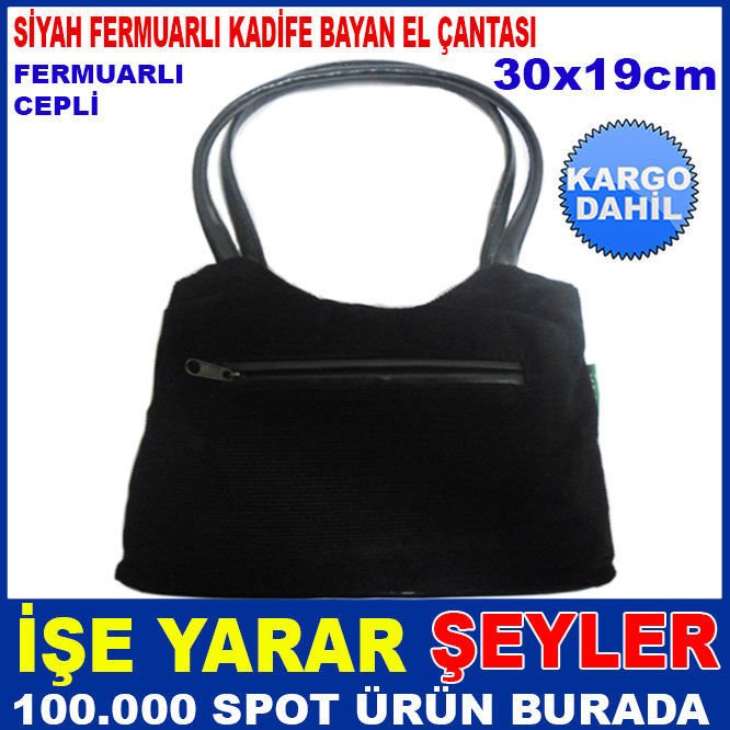 FERMUARLI CEPLİ SİYAH KADİFE BAYAN EL ÇANTASI KD