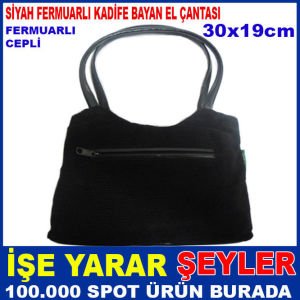 FERMUARLI CEPLİ SİYAH KADİFE BAYAN EL ÇANTASI