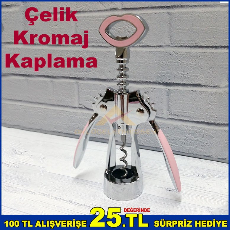 Çelik Kromaj Kaplama Şık Dekoratif Tirbüşon Şarap Mantar Tıpa Gazoz Açacağı Sağlam Çelik Tirbişon