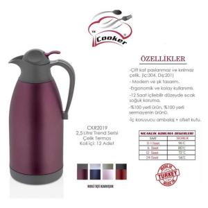 Sıcak Soğuk Muhafazalı Cooker Çelik Termos Sürahi Tipi 2,5 lt İçi Dışı Çelik Kaliteli Termos