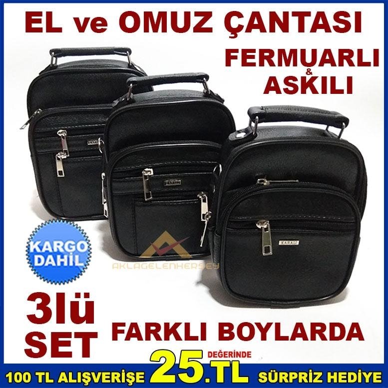 3lüSET FERMUARLI PU DERİ ERKEK ASKILI EL ÇANTASI