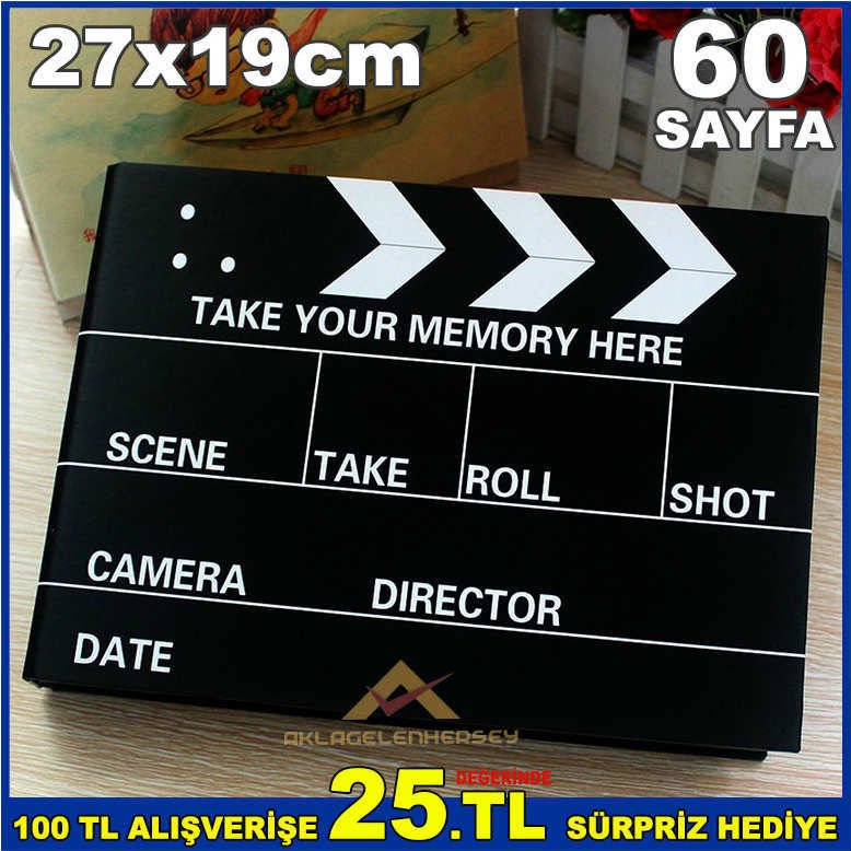 Sinema klaketi fotoğraf albümü film çekim tahtası şeklinde 60sayfa resimlik nostalji fotoğraf albümü