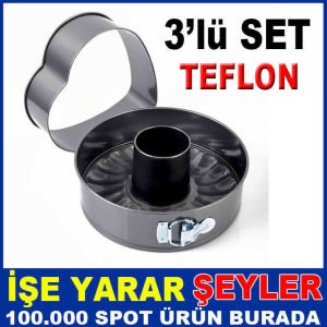 3lü SET KELEPÇELİ TEFLON KEK KALIBI MD-08 YUVARLAK,KALP ve DELİKLİ DİZAYN KALİTELİ TEFLON KEK KALIBI
