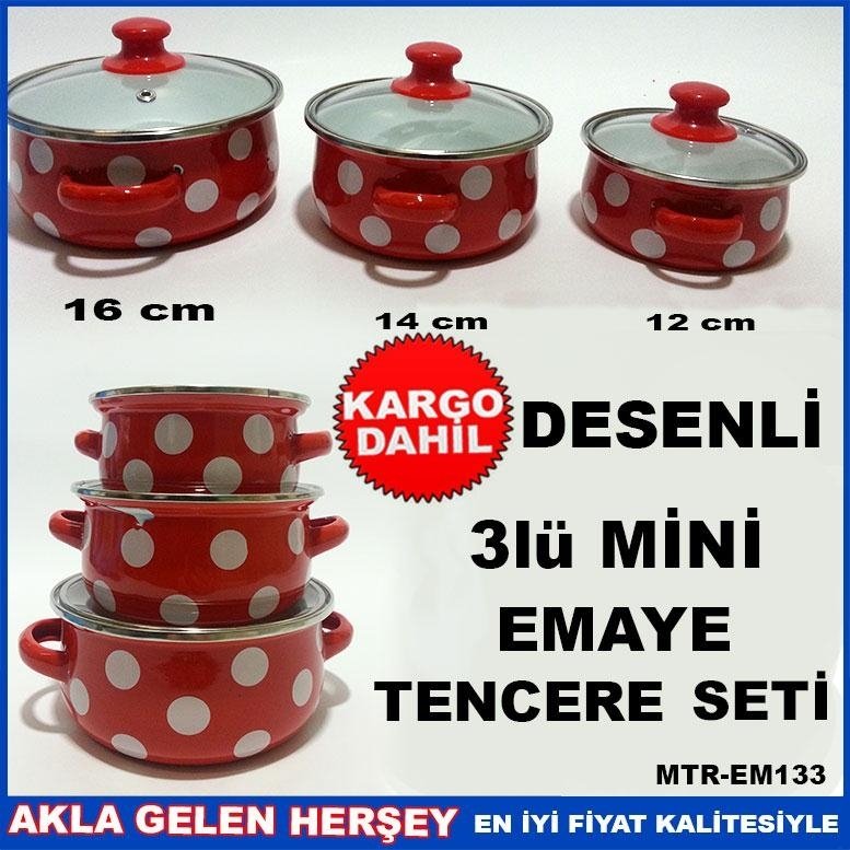 CAM KAPAKLI 3lü EMAYE TENCERE SETİ KIRMIZI ZEMİNDE-BEYAZ PUANTİYE