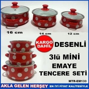 CAM KAPAKLI 3lü EMAYE TENCERE SETİ KIRMIZI ZEMİNDE-BEYAZ PUANTİYE