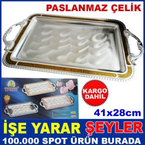 PASLANMAZ ÇELİK 41x28cm SERVİS VE ÇAY TEPSİSİ KD