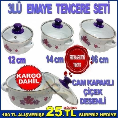 3lü SET LÜKS EMAYE CAM KAPAKLI SAKLAMA TENCERELERİ ÇİÇEK DESENLİ