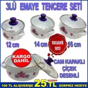 3lü SET LÜKS EMAYE CAM KAPAKLI SAKLAMA TENCERELERİ ÇİÇEK DESENLİ