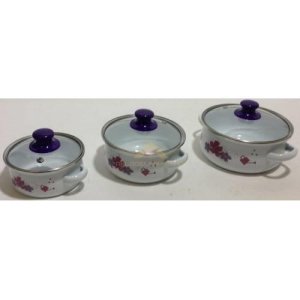 3lü SET LÜKS EMAYE CAM KAPAKLI SAKLAMA TENCERELERİ ÇİÇEK DESENLİ