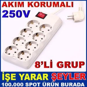 3 MT UZATMA KABLOSU AKIM KORUMALI 8'Lİ GRUP PRİZ