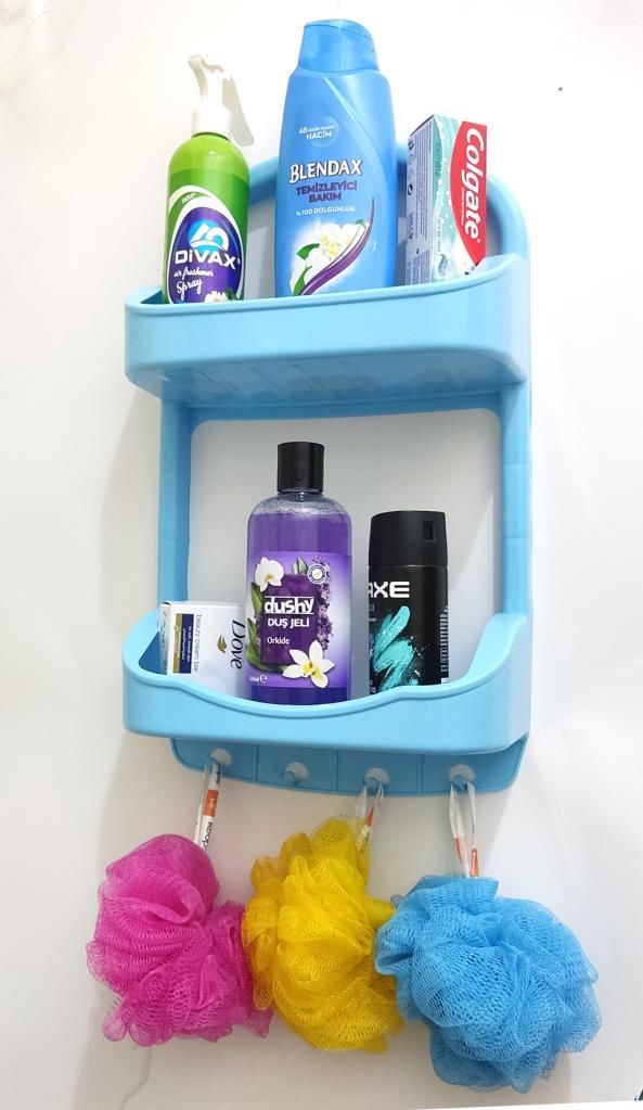 2 Katlı Mavi Banyo Rafı Askılı Şampuanlık 47x27 Ömür Boyu Paslanmaz Heryere Tek Kanca Pratik Montaj