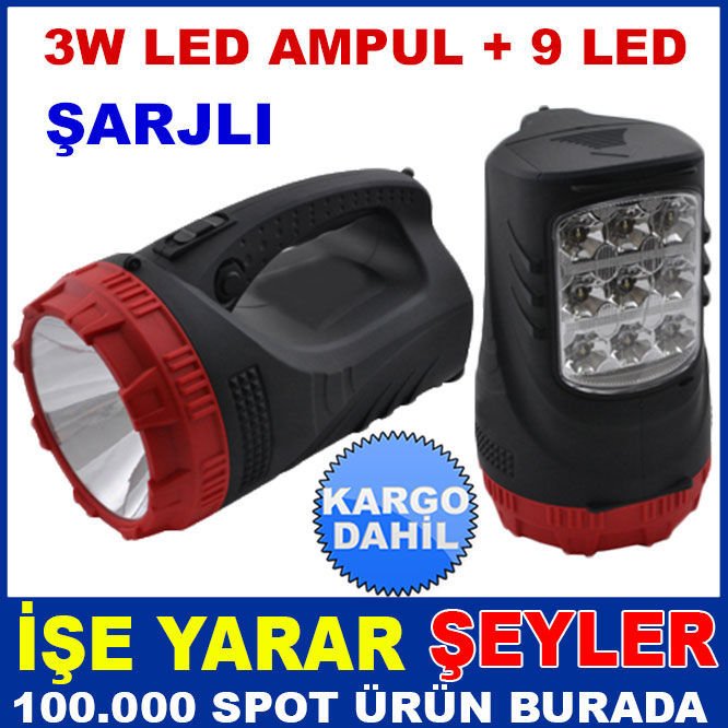 3WLED AMPUL VE 9LED'Lİ ŞARJLI BÜYÜK EL FENERİ KD