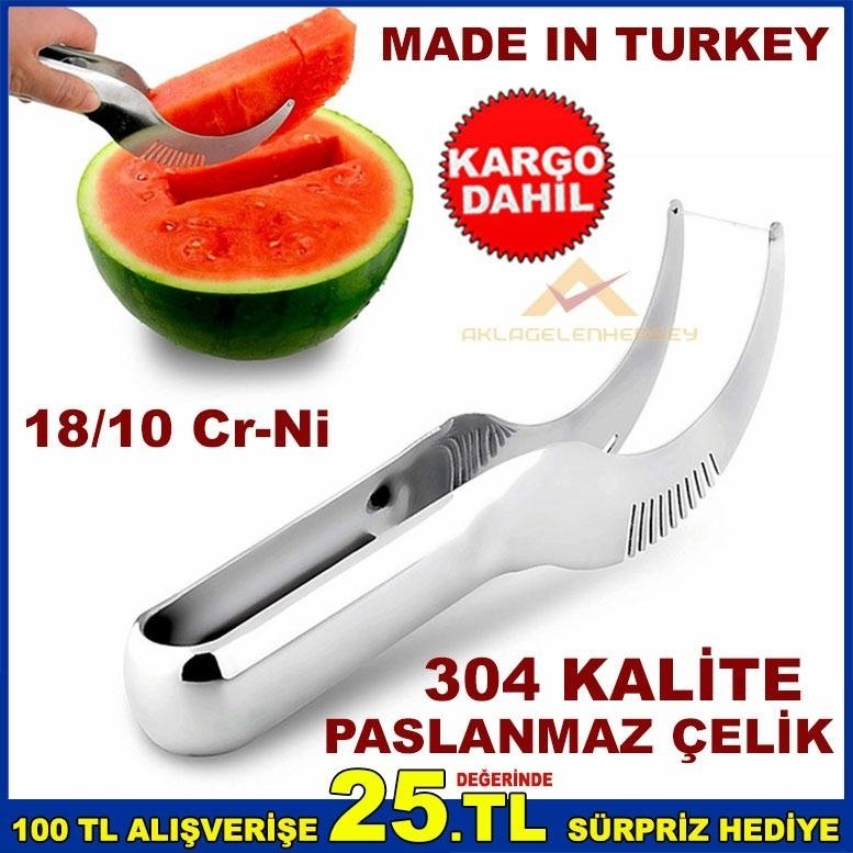 PASLANMAZ ÇELİK 2in1 KAVUN KARPUZ DİLİMLEME BIÇAĞI SERVİS MAŞASI