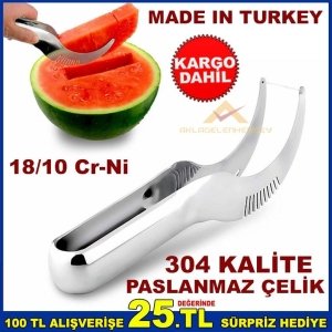 PASLANMAZ ÇELİK 2in1 KAVUN KARPUZ DİLİMLEME BIÇAĞI SERVİS MAŞASI