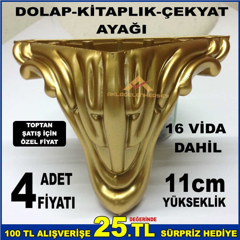 11cm YÜKSEKLİĞİNDE 4adet SAĞLAM DAYANIKLI DOLAP KİTAPLIK ÇEKYAT AYAĞI GOLD ALTIN SARISI -2