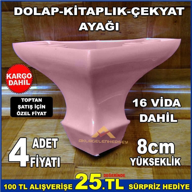 8cm YÜKSEKLİĞİNDE 4adet SAĞLAM DAYANIKLI DOLAP KİTAPLIK ÇEKYAT AYAĞI PEMBE RENK,VİDALARI DAHİL-2