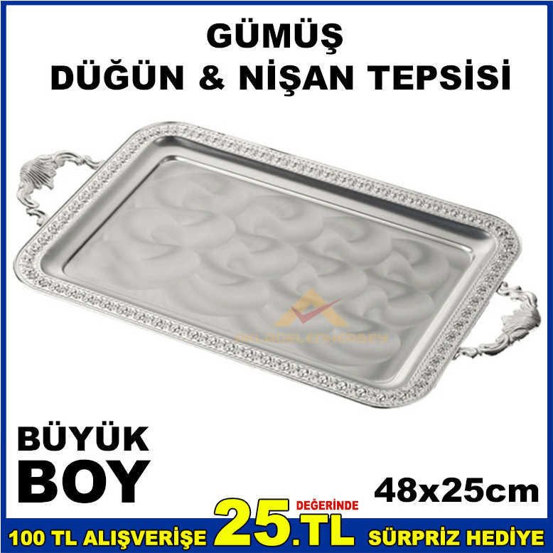 48x25cm BÜYÜK BOY KARE MODEL GÜMÜŞ NİŞAN TEPSİSİ