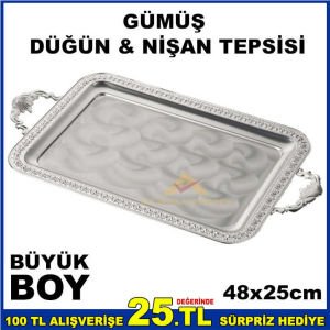 48x25cm BÜYÜK BOY KARE MODEL GÜMÜŞ NİŞAN TEPSİSİ
