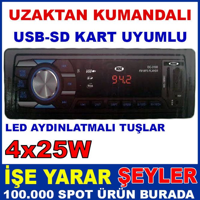 UZAKTAN KUMANDALI LED GÖSTERGELİ 4x25W OTO TEYP