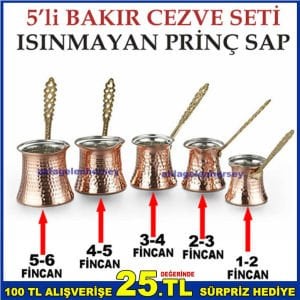 5'li SET ISINMAYAN PRİNÇ SAPLI %100 BAKIR CEZVE SETİ,KÜÇÜKTEN BÜYÜĞE 5 ADET BAKIR KAHVE CEZVESİ