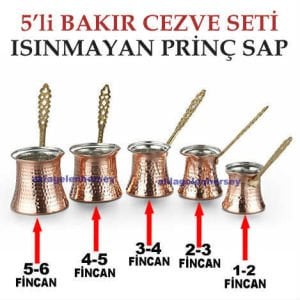 5'li SET ISINMAYAN PRİNÇ SAPLI %100 BAKIR CEZVE SETİ,KÜÇÜKTEN BÜYÜĞE 5 ADET BAKIR KAHVE CEZVESİ