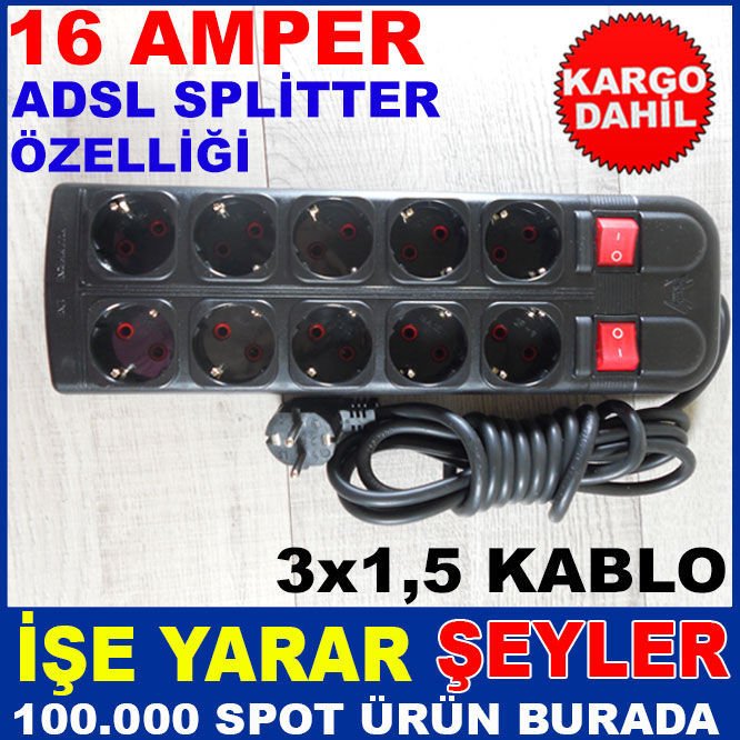 3 MT UZATMA KABLOLU ANAHTARLI 10lu GRUP PRİZİ KD