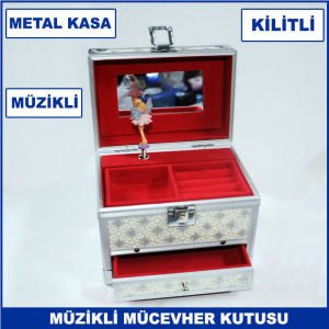 Metal Kasa Balerina Müzikli, Kilitli ve Çekmeceli 16 cm Mücevher Kutusu