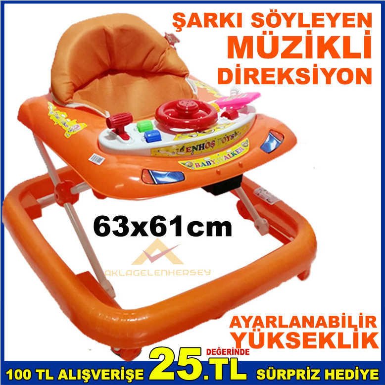 AYARLANABİLİR AYAKLI DİREKSİYONLU ŞARKI SÖYLEYEN ve MÜZİKLİ YÜRÜMEYİ ÖĞRETEN YÜRÜTEÇ TURUNCU