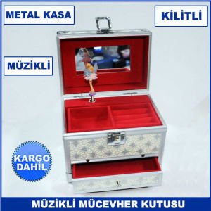 Metal Kasa Balerina Müzikli, Kilitli ve Çekmeceli 16 cm Mücevher Kutusu