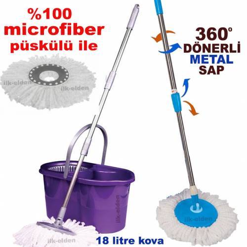 Microfiber temizlik dönerli mop seti 360° döner metal sap ve sihirli mop püskülü ile ultra temizlik