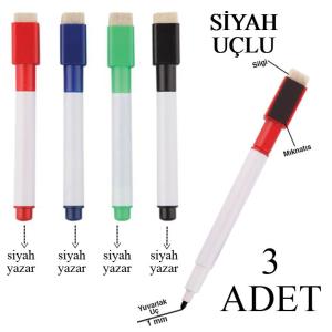 3Adet Mini Silinebilir Beyaz Yazı Tahtası Kalemi Silgili Magnetli Mıknatıslı Siyah Uçlu 3A Kalemi