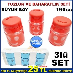KargoDahil 3lü SET GÜLEN YÜZLÜ CAM TUZLUK ve BAHARAT SETİ