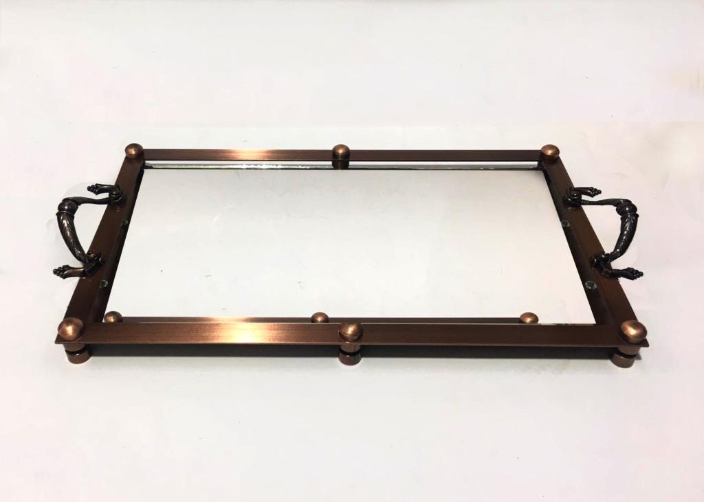 Dikdörtgen Aynalı Bakır renkli Kuplu Yüzük ve Kahve Tepsisi Söz Nişan Kına Tepsisi