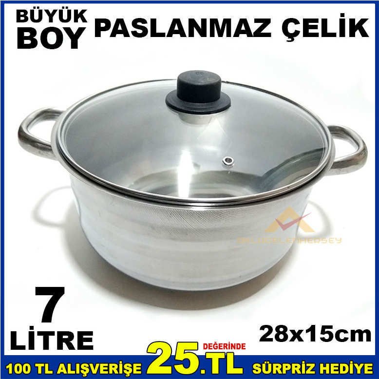 28cm BÜYÜKBOY PASLANMAZ ÇELİK CAMKAPAKLI TENCERE