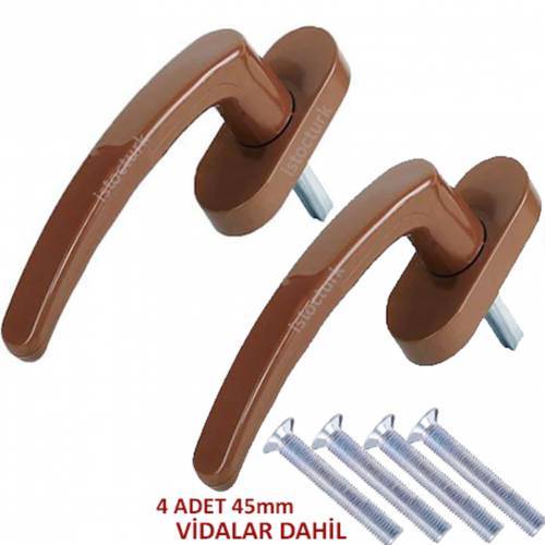 2 Adet Ömür Boyu Garantili Kahverengi PVC Doğrama Pencere Kolu Demir Takviyeli+Montaj Vidalar Dahil