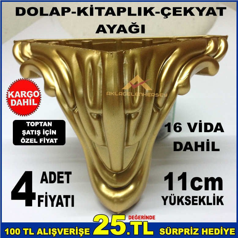 11cm YÜKSEKLİĞİNDE 4adet SAĞLAM DAYANIKLI DOLAP KİTAPLIK ÇEKYAT AYAĞI GOLD ALTIN SARISI -2