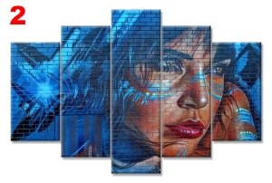 GRAFFITI MAVI SACLI KADIN 7 STİL 5 PARÇALI KANVAS TABLO