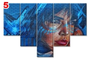 GRAFFITI MAVI SACLI KADIN 7 STİL 5 PARÇALI KANVAS TABLO