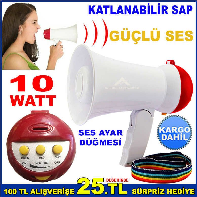 Pilli El Megafonu Katlanabilir Saplı 10 Watt Gücünde Taşınabilir Ses Kayitlı Taraftar Hoparlörü abn3