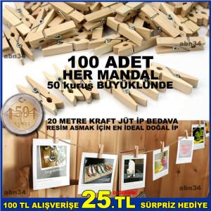 Boyasız 100 adet naturel mini ahşap mandal,evinizde kendi albümünüzü yapmak için 20mt özel ip hediye