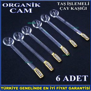 Altın yaldızlı krisal taş işleme Cam Çay Kaşığı takımı 6 adet el işçiliği ile camdan üretilmiştir