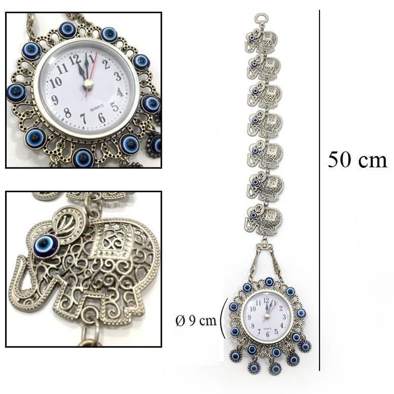 Gümüş kaplama nazarlık, saatli ve 7 adet gümüş fil uğurlu duvar süsü