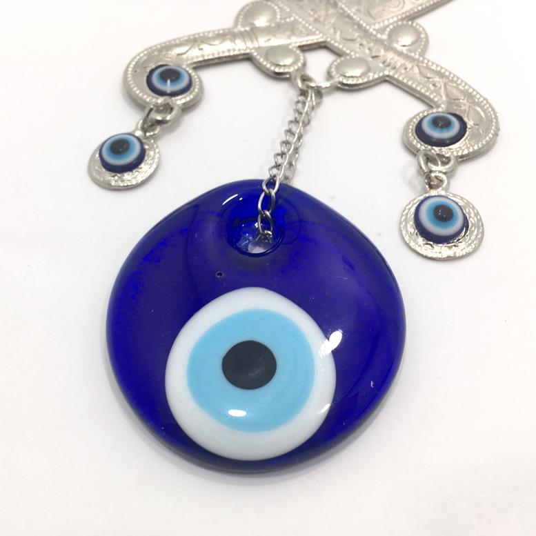 Çift Zülfikar Kılıç Şekilli Nazar Boncuklu Metal Dekoratif Süs Hediyelik Eşya Askılı Duvar Süsü