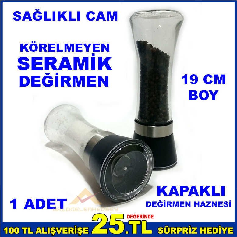 BÜYÜK CAM HAZNELİ 19cm TUZ KARABİBER DEĞİRMENİ