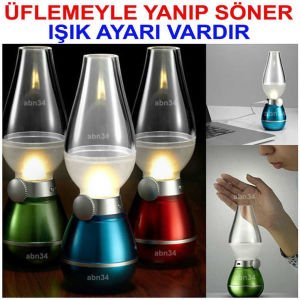 Işık Seviyesi Ayarlı Şarjlı Gece Lambası Retro Led Lamba Üflemeyle Yanıp Sönen Nostaljik İdare Lamba