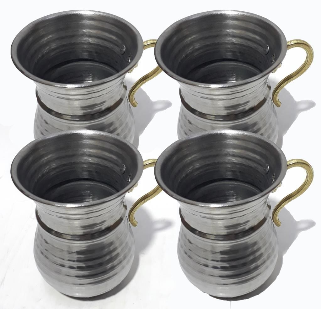 Pirinç Kulplu Çelik Dövme 4 Adet Mat Çelikten İnce Belli Kupa Kaliteli Malzemeden Üretilmiştir