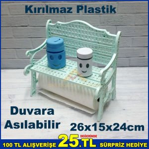 Kırılmaz Plastik Koltuk Bank Şeklinde Mint Mavisi Duvara Asılabilir Kağıt Havluluk