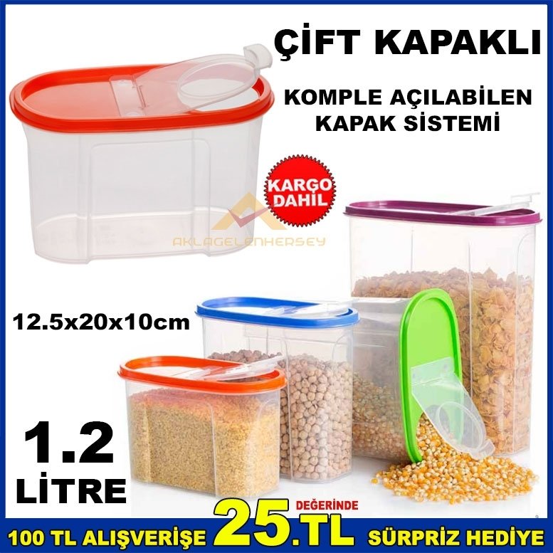 1.2LİTRE ÇİFT KAPAKLI KİLER SAKLAMA ERZAK KUTUSU