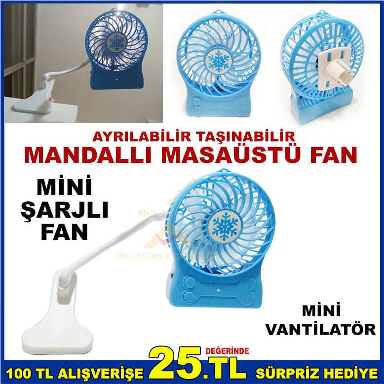 AYRILABİLİR MANDALLI ŞARJLI MASAÜSTÜ MİNİ FAN